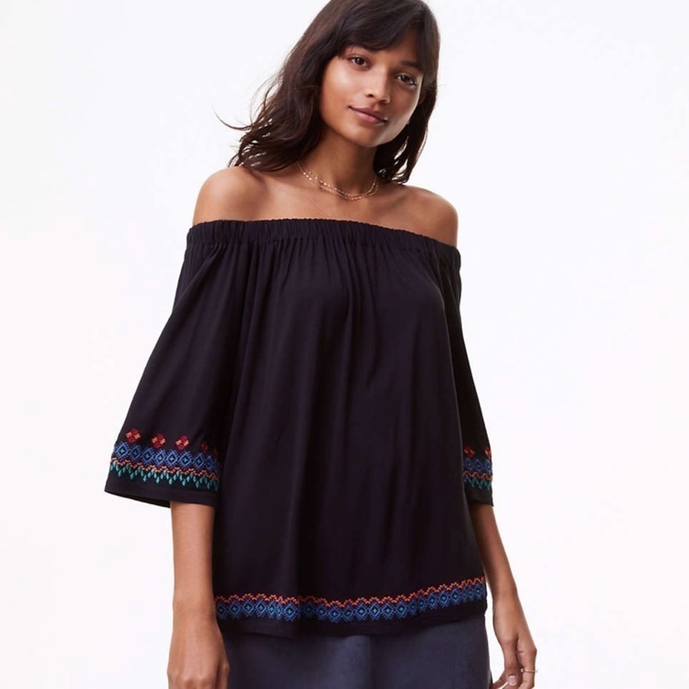 LOFT Border Embroidered Off the Shoulder top black